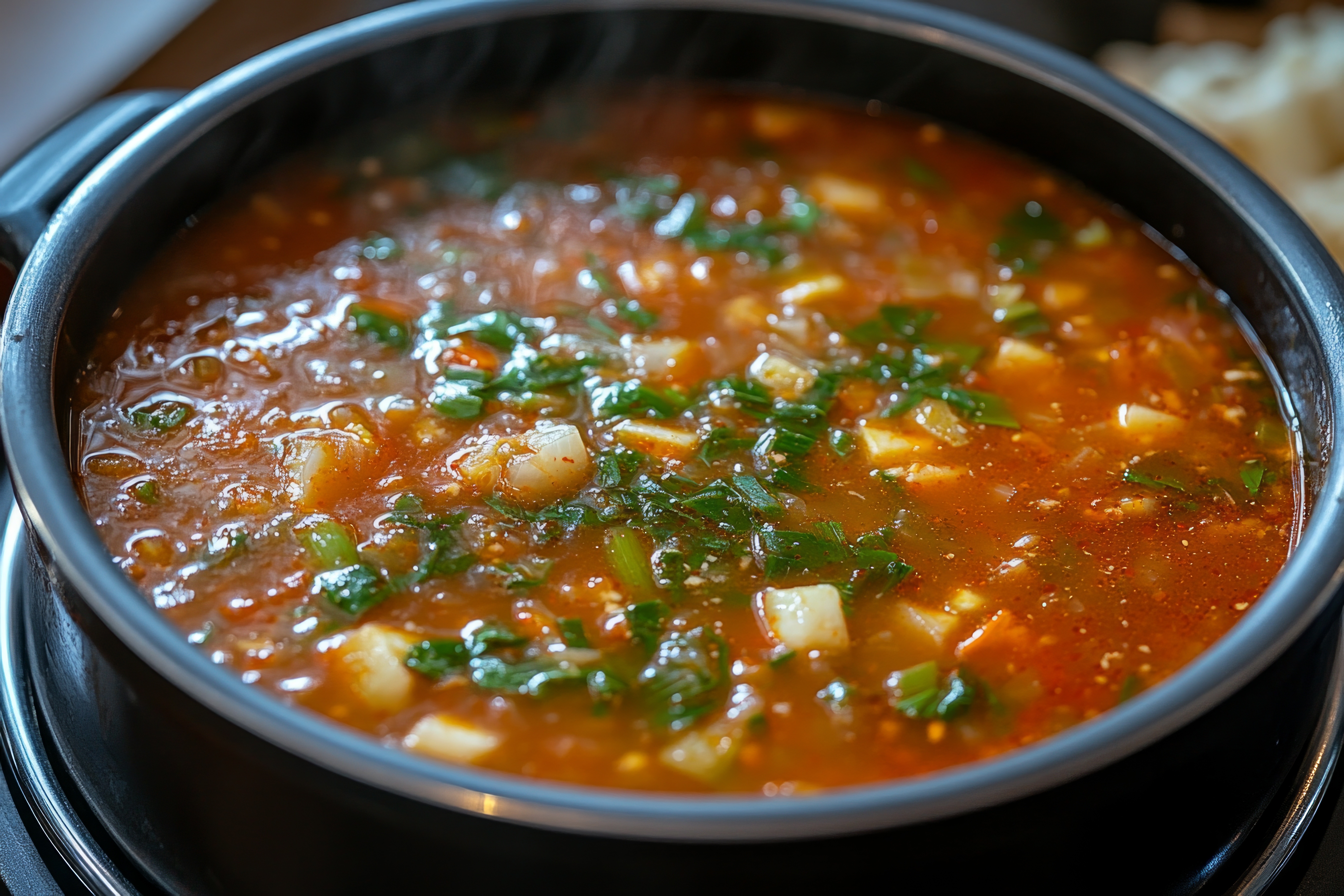 Eenpansmaaltijd op noodbrander met chili of linzestoof